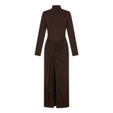 Fitted Maxi Dress with High Neck, Gathered Detail and Side Slit
