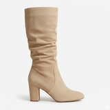 Mid-Calf Faux Suede Boots with Thick Heel and Soft Pleats
