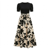 A-Line Floral Maxi Dress with Belt and Puff Sleeves