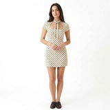 Women's Polka Dot Short Dress with Off-the-Shoulder Neckline and Front Lace-Up