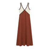 Sleeveless Satin Maxi Dress with V-Neck and Contrast Design