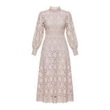 Openwork Lace Maxi Dress with Puff Sleeves and High Neck