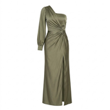 One-Shoulder Satin Maxi Dress with Draped Bow and Side Slit