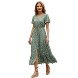 Floral Cotton Maxi Dress with V-Neck and Front Buttons for Women