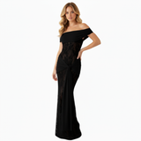 Off-the-Shoulder Lace Evening Maxi Dress with Draped Waist