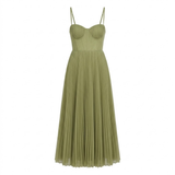 Pleated Evening Maxi Dress with Bustier Straps and Back Zip