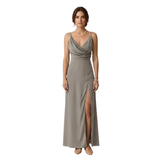 Satin Evening Maxi Dress with Side Slit and V-Neck for Women