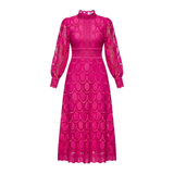 Openwork Lace Maxi Dress with Puff Sleeves and High Neck