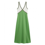 Sleeveless Satin Maxi Dress with V-Neck and Contrast Design