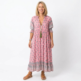 Boho Midi Dress for Women with Floral Print, V-Neck and Lantern Sleeves
