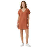 Short Linen Dress with V-Neck and Short Cuffed Sleeves
