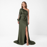 Asymmetric Long-Sleeved Evening Maxi Dress with Slit and Open Back for Women