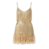 Sequin and Feather Party Dress with V-Neckline and Thin Straps