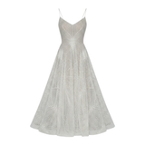Sequin Flared Evening Dress with V-Neck and Thin Straps