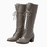 Women's Tall Lace-Up Boots in Aged Leather with Square Heel and Soft Lining