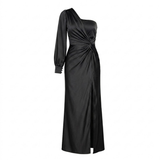One-Shoulder Satin Maxi Dress with Draped Bow and Side Slit