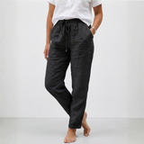 Cotton and Linen Trousers with Elasticated High Waist and Relaxed Fit for Women