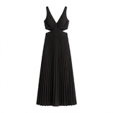 Pleated Maxi Dress with V-Neck, Side Cut-Outs and Open Back