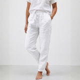 Cotton and Linen Trousers with Elasticated High Waist and Relaxed Fit for Women