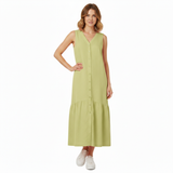 Women's Sleeveless Cotton and Linen Midi Dress, V-Neck, A-Line Fit with Pockets