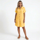 Short Cotton and Linen Dress with V-Neck and Three-Quarter Sleeves for Women
