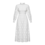Openwork Lace Maxi Dress with Puff Sleeves and High Neck