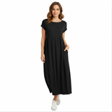 Women's Short-Sleeved Pleated Cotton and Linen Maxi Dress, Round Neck with Pockets