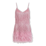 Sequin and Feather Party Dress with V-Neckline and Thin Straps