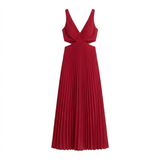 Pleated Maxi Dress with V-Neck, Side Cut-Outs and Open Back