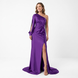 Asymmetric Long-Sleeved Evening Maxi Dress with Slit and Open Back for Women