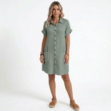 Short Cotton and Linen Dress with V-Neck and Three-Quarter Sleeves for Women