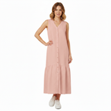 Women's Sleeveless Cotton and Linen Midi Dress, V-Neck, A-Line Fit with Pockets