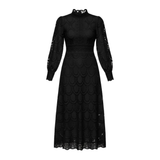 Openwork Lace Maxi Dress with Puff Sleeves and High Neck