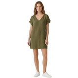 Short Linen Dress with V-Neck and Short Cuffed Sleeves