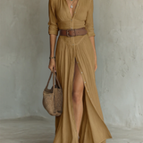 Helenia | Long Maxi Dress with Cutaway Collar and Long Sleeves for Women