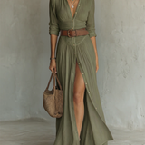 Helenia | Long Maxi Dress with Cutaway Collar and Long Sleeves for Women