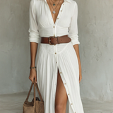 Helenia | Long Maxi Dress with Cutaway Collar and Long Sleeves for Women