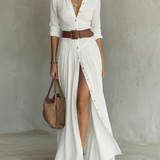 Helenia | Long Maxi Dress with Cutaway Collar and Long Sleeves for Women