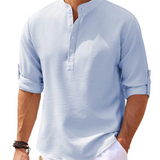 William | Striped Henley Shirt with Stand Collar and Button Fastening