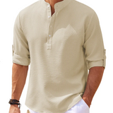 William | Striped Henley Shirt with Stand Collar and Button Fastening