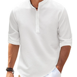 William | Striped Henley Shirt with Stand Collar and Button Fastening