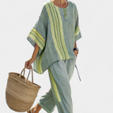 Daniela – Elegant Lavender Top and Mustard Striped Trousers