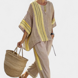 Daniela – Elegant Lavender Top and Mustard Striped Trousers