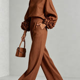Lenna | Floral-Sleeve Top & Wide-Leg Trousers Set