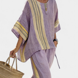 Daniela – Elegant Lavender Top and Mustard Striped Trousers