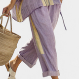 Daniela – Elegant Lavender Top and Mustard Striped Trousers