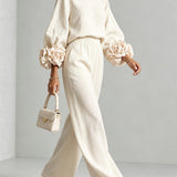 Lenna | Floral-Sleeve Top & Wide-Leg Trousers Set