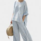 Federica – Sophisticated Striped Blue Linen Top and Casual Trousers