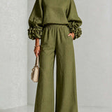Lenna | Floral-Sleeve Top & Wide-Leg Trousers Set