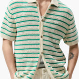 Weston | Men's Green Striped Crochet Summer Shirt with Button Fastening
